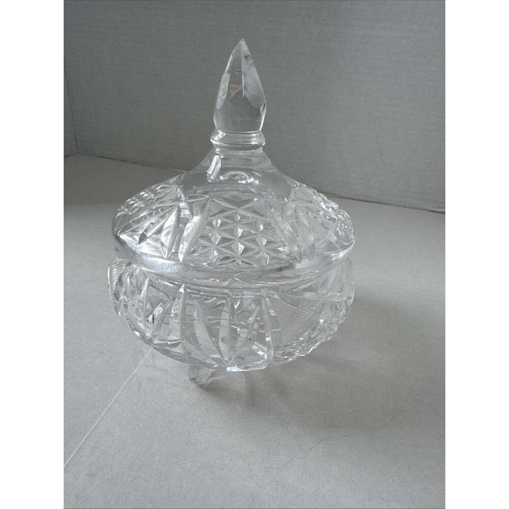 VTG Crystal  Footed Covered Candy Dish w Finial - Etchings GORGEOUS